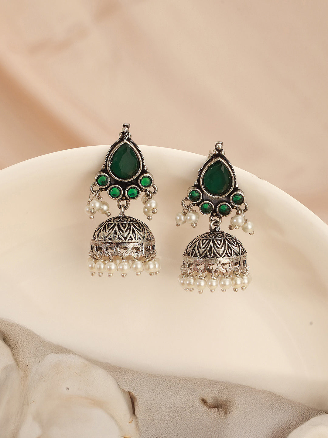 Oxidised Silver Toned Emerald Green AD Zircon & Pearl Beaded Dangler Minimal  Jhumka Earrings